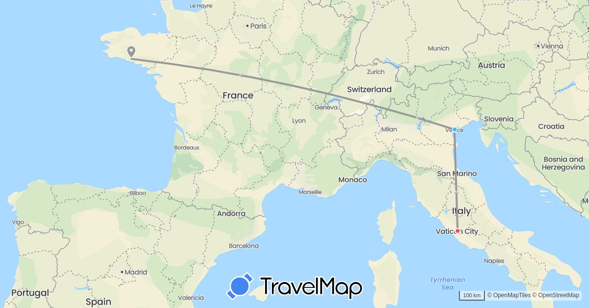 TravelMap itinerary: plane, hiking, boat in France, Italy, Vatican City (Europe)